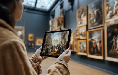 Visitor viewing paintings on a tablet in a gallery, reflecting connected media and collections data within TMS Media Studio