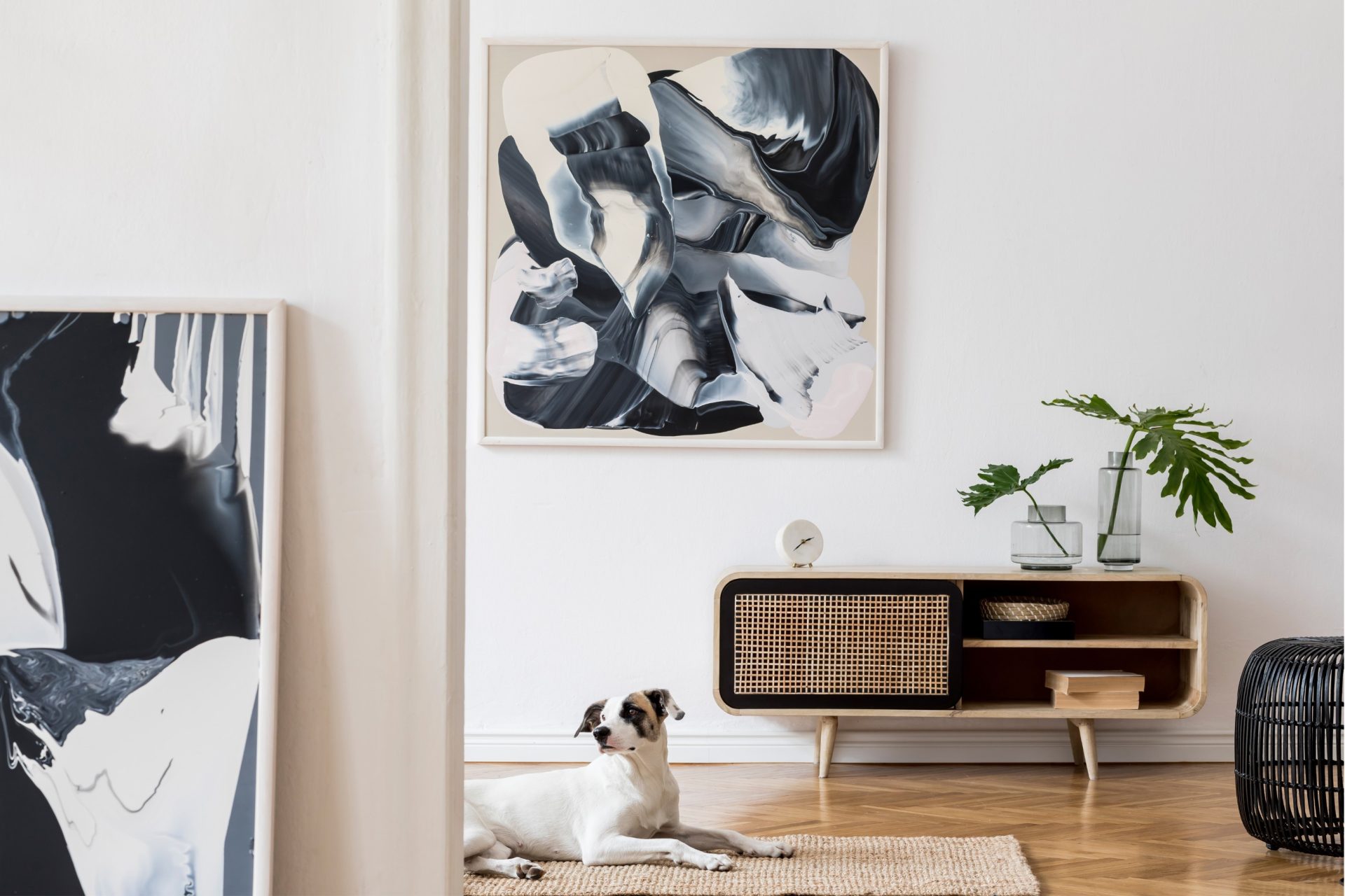 black and white abstract art in a collector's house.