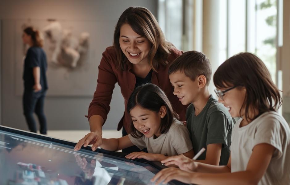 An adult and three children engaging enthusiastically with an interactive touch display in a bright gallery space