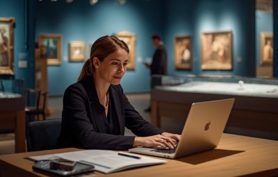 Collections staff working on a laptop at a desk in a blue-walled gallery space with framed paintings and display cases visible