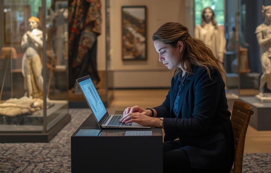 A collections staff member working at a laptop surrounded by sculptures in a gallery, reflecting on-site access to collection records and technical documentation