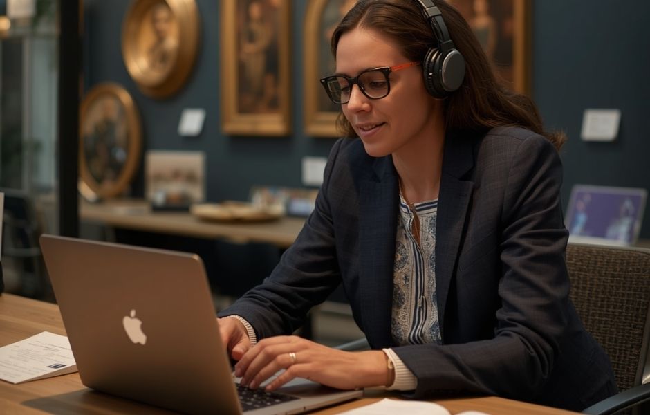 Collections staff wearing headphones and working on a laptop in a gallery space with framed paintings and gilt frames visible behind them
