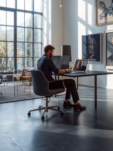 A collections staff member on a video call at a laptop in a light-filled gallery space with artworks on the walls, reflecting EmbARK's support for connected, accessible collections management