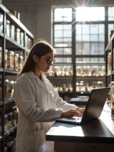 Collections staff in a lab coat working on a laptop in a natural history storage room lined with shelved specimen jars
