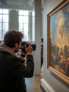 Collections staff photographing a large framed painting in a gallery space, capturing digital assets for collections documentation