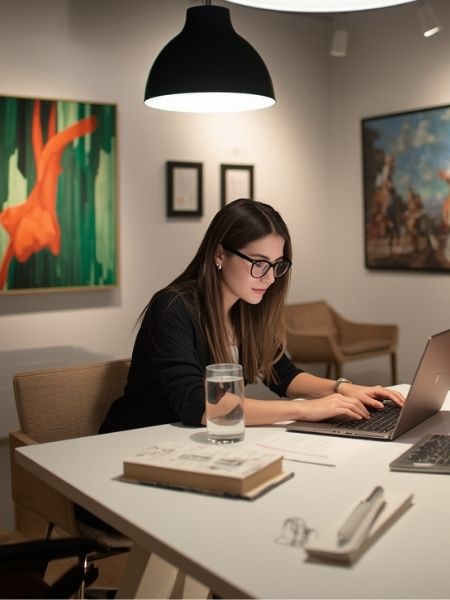 Collections staff working on a laptop in a gallery space with framed artworks visible, managing digital collections content