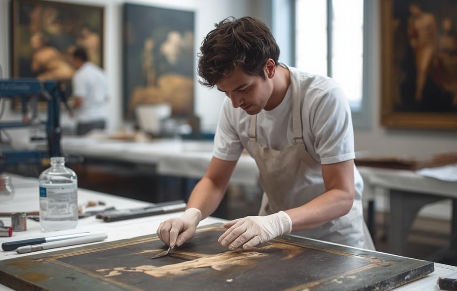 A conservator in gloves carefully restoring a painting on a workbench in a conservation studio, representing the hands-on treatment work supported by TMS Conservation Studio