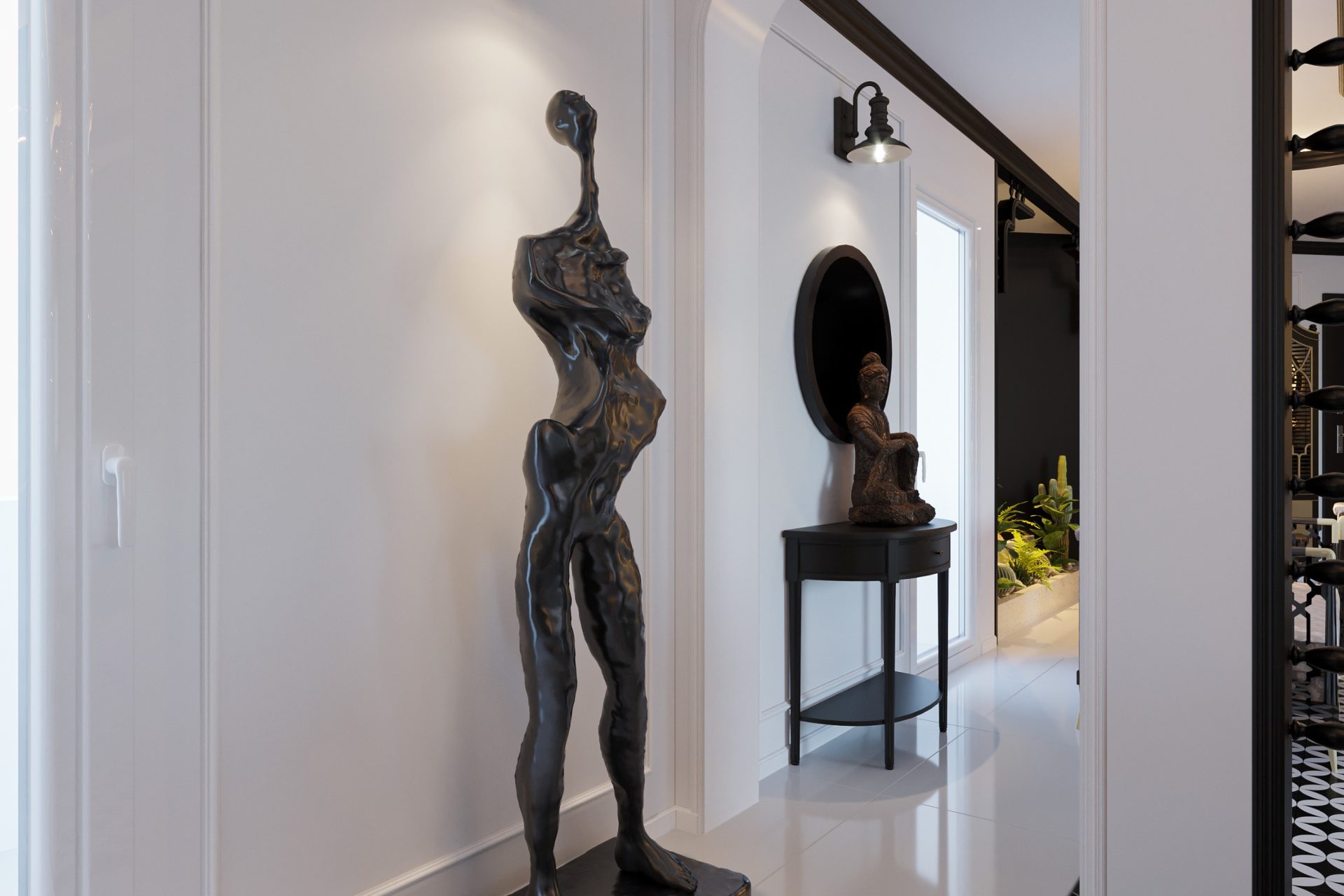 art collector's home with dark sculptures.
