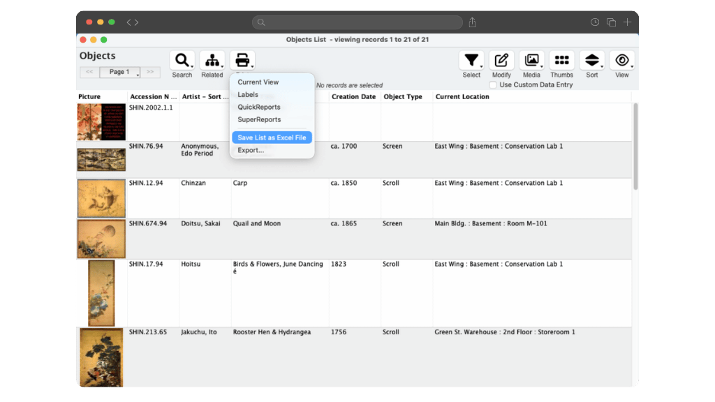 EmbARK objects list view showing Japanese art records with accession numbers, locations, and an open export menu highlighting the Save List as Excel File option
