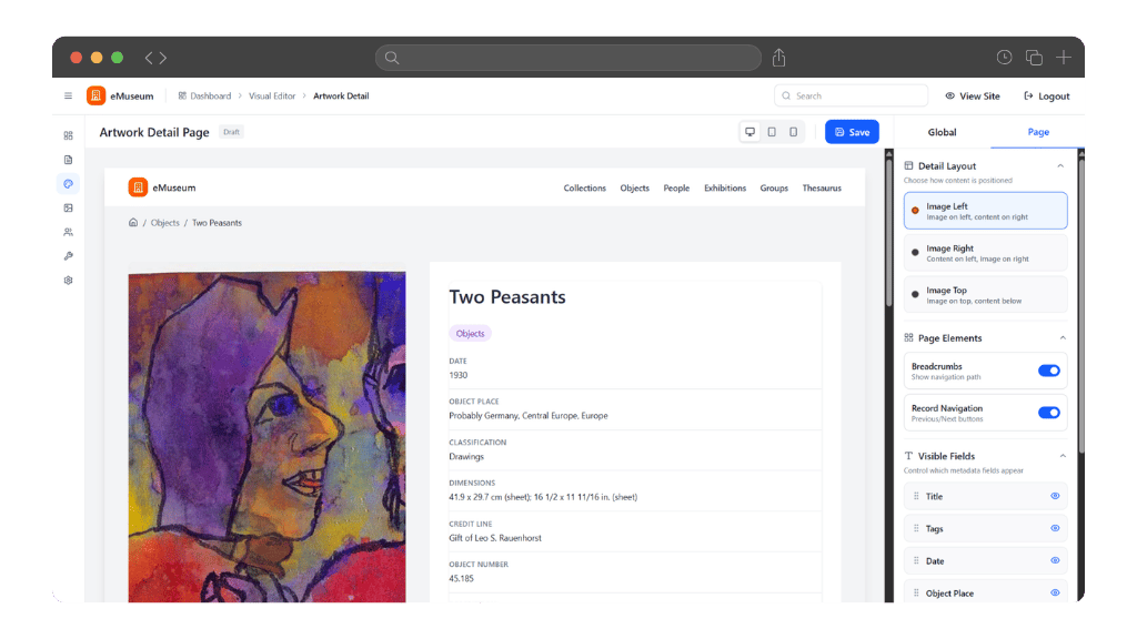 eMuseum visual editor showing an artwork detail page with configurable layout options and visible metadata fields in a browser window