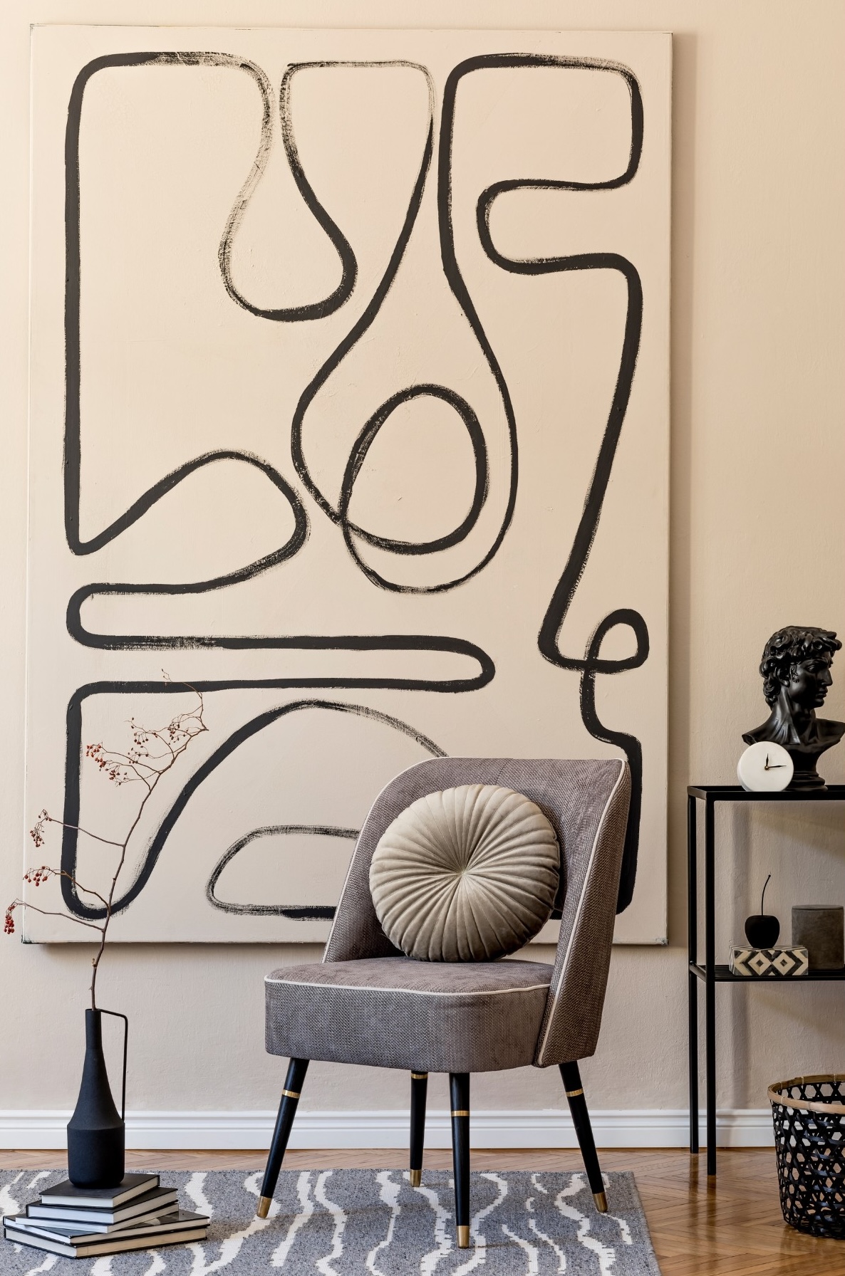 black line drawing painting in an art collector's house.