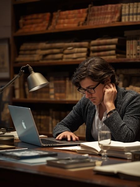 A registrar working intently at a laptop surrounded by archival books and documents in a dimly lit library, representing the detailed records management work TMS Suite supports