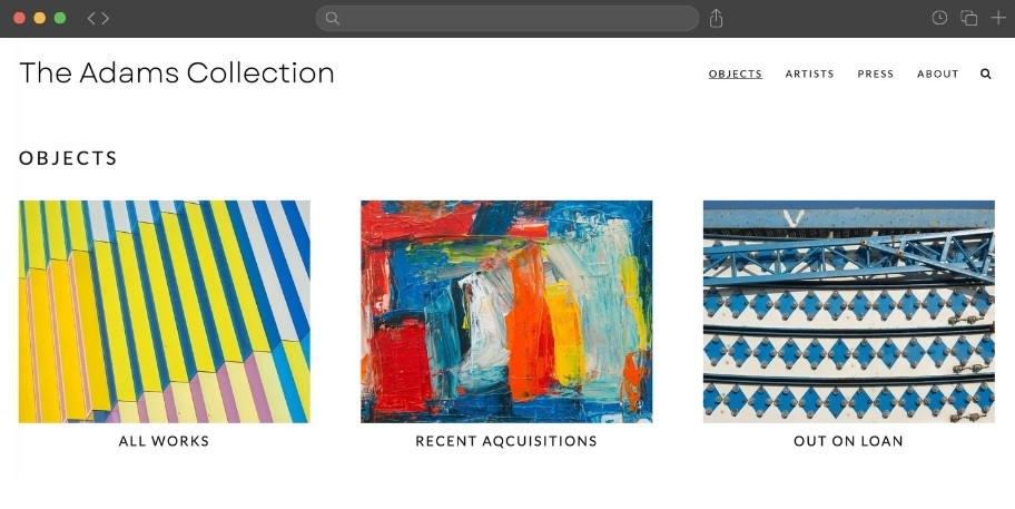showroom view of an art collector's website showcasing their artworks.