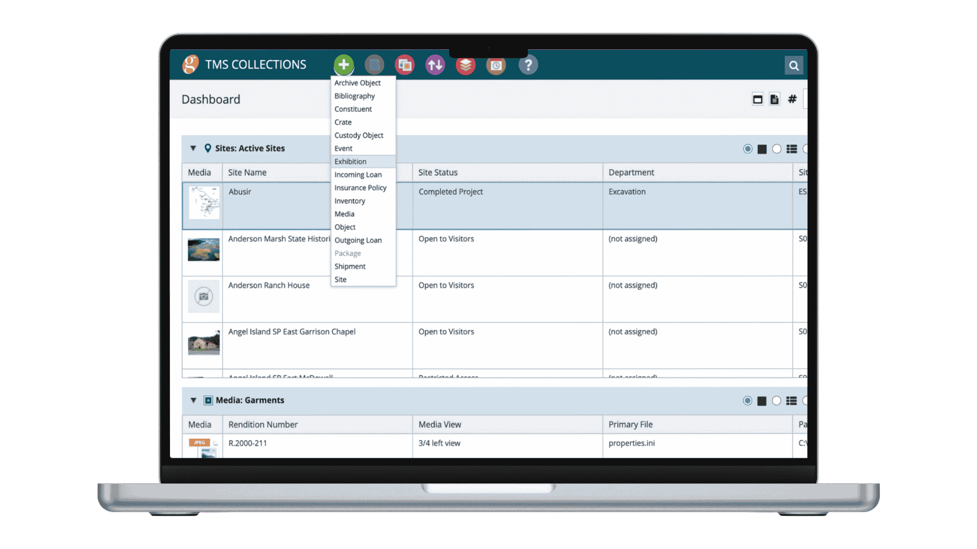 TMS Collections dashboard displaying active sites, media records, and a full record-type menu on a laptop screen