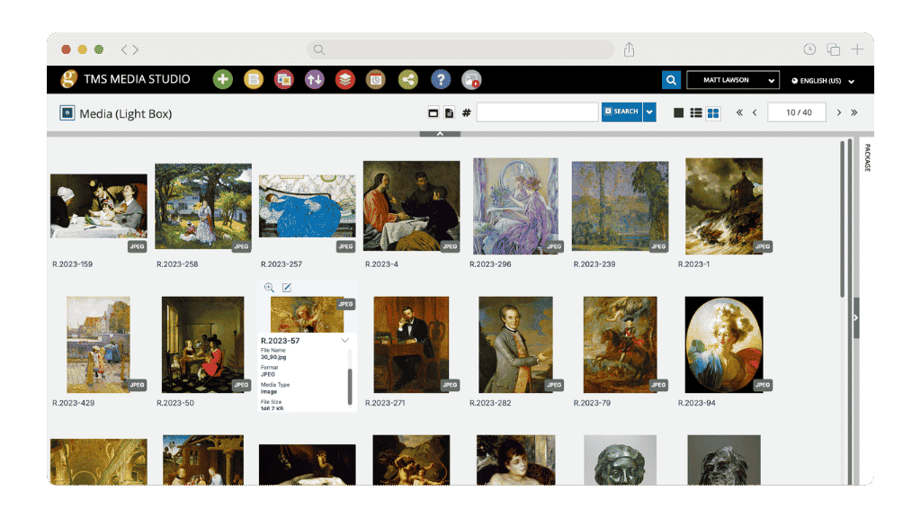 TMS Media Studio light box view displaying a grid of collection images with file metadata and format details visible in a browser window