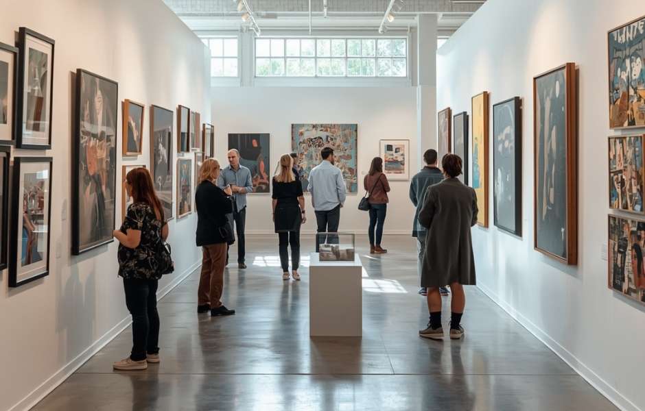 Visitors exploring a bright gallery space lined with densely hung framed works and a central sculptural plinth