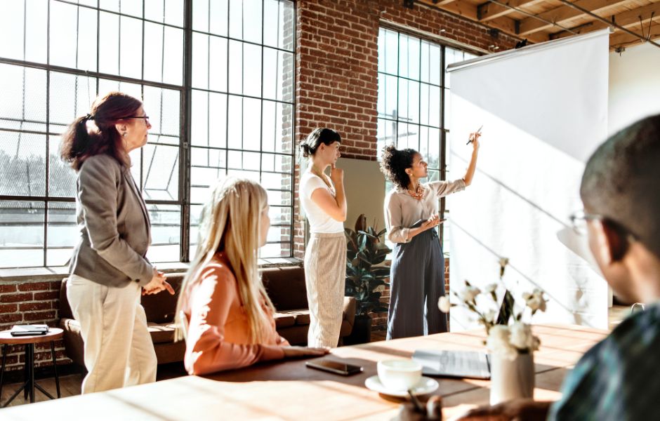 A collections team presenting and discussing at a whiteboard in a bright studio space, reflecting the strategic planning and reporting workflows that reliable collections data supports