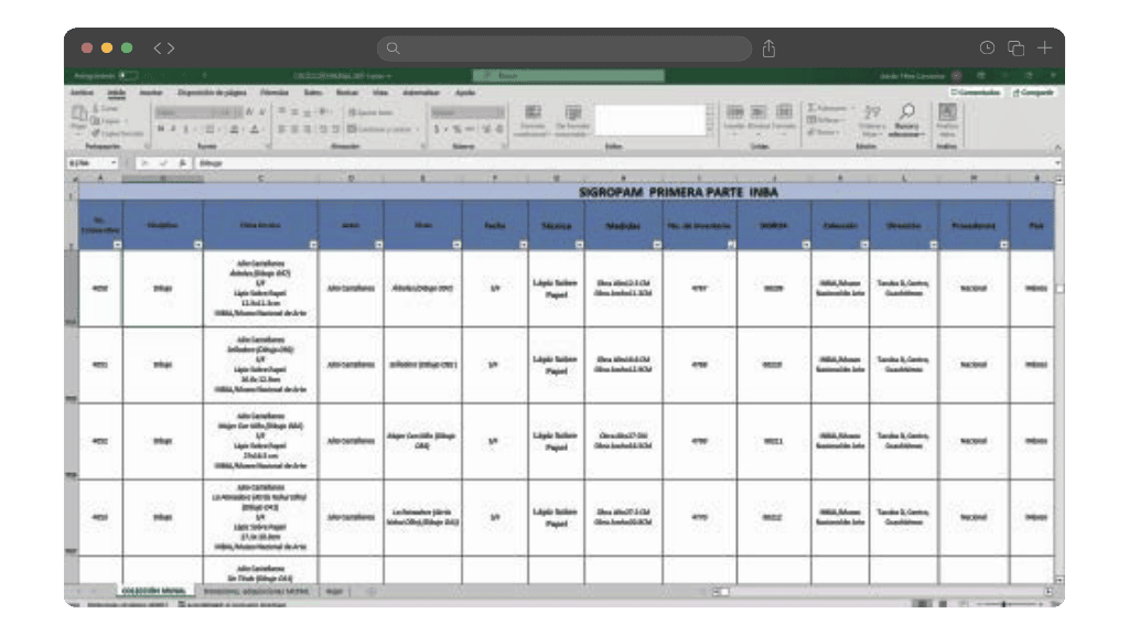 A legacy Excel spreadsheet containing MUNAL collection data across multiple columns, representing the fragmented data environment migrated into TMS Collections