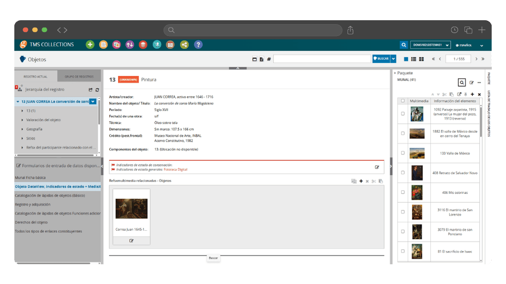 TMS Collections object record for a Juan Correa painting showing a linked media package panel with multiple collection images visible in the MUNAL Spanish language interface