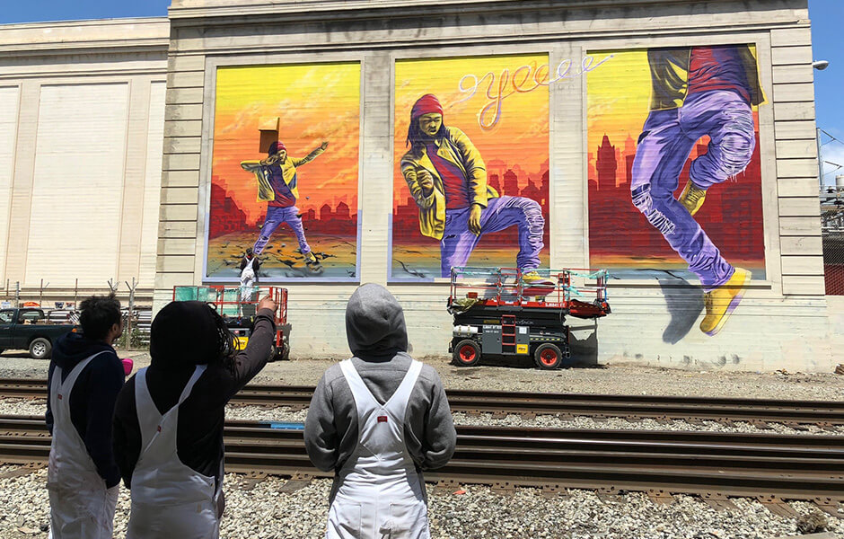 Turfin' mural by Lower Bottoms Collective featuring turf dancer No Noiz