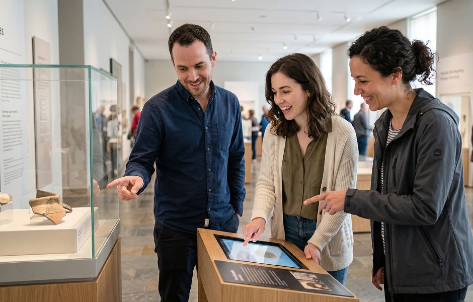 Three visitors engaged with a touchscreen kiosk in a gallery beside display cases, representing the digital engagement that well-structured collections metadata enables