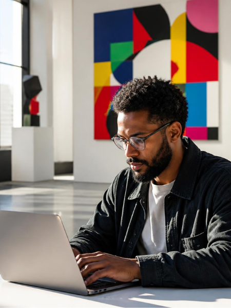 Museum staff member working on a laptop in a gallery space filled with contemporary art and sculpture.