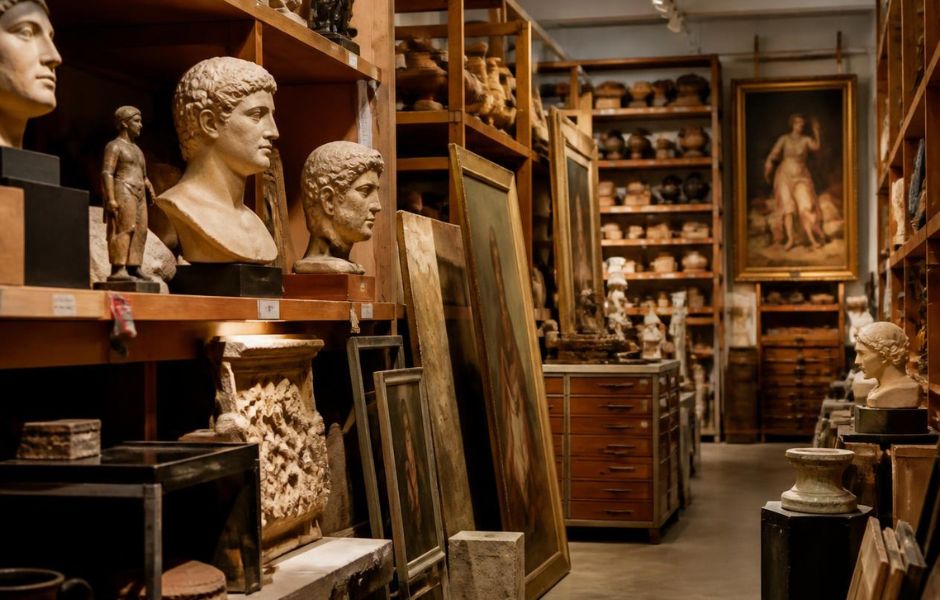 Rows of sculptures, paintings, and objects organized across storage shelves, illustrating the challenge of tracking every work's location.