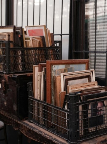 Cluttered artwork in storage
