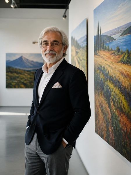 An artist standing confidently beside landscape paintings, introducing solutions built for managing an artist's estate