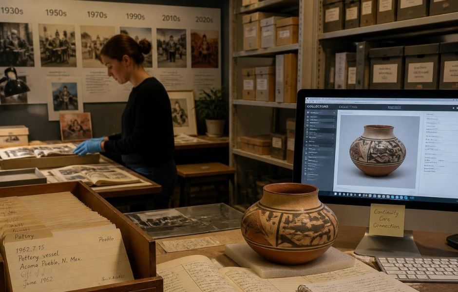 A staff member consulting archival ledgers beside a collections management system displaying an object record, with a decades-spanning photo timeline in the background
