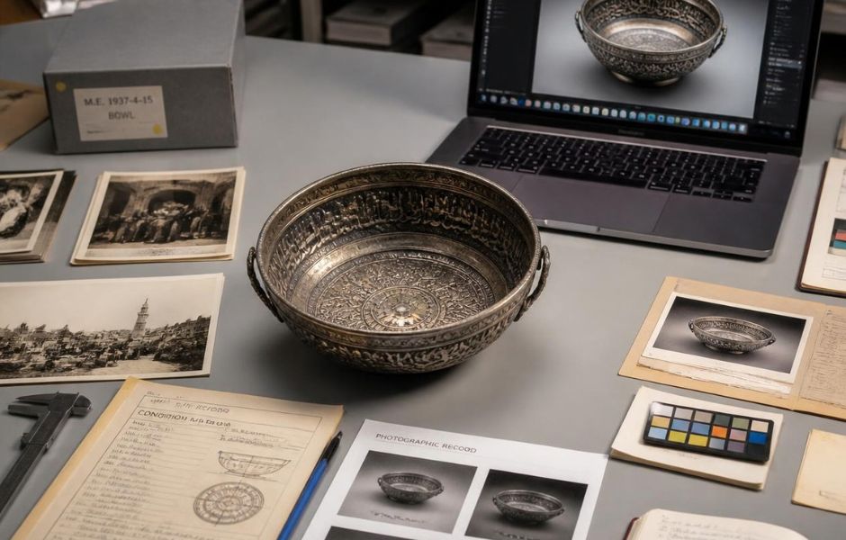 A silver bowl documented for condition reporting, shown with a handwritten condition record, color reference card, and archival photographs