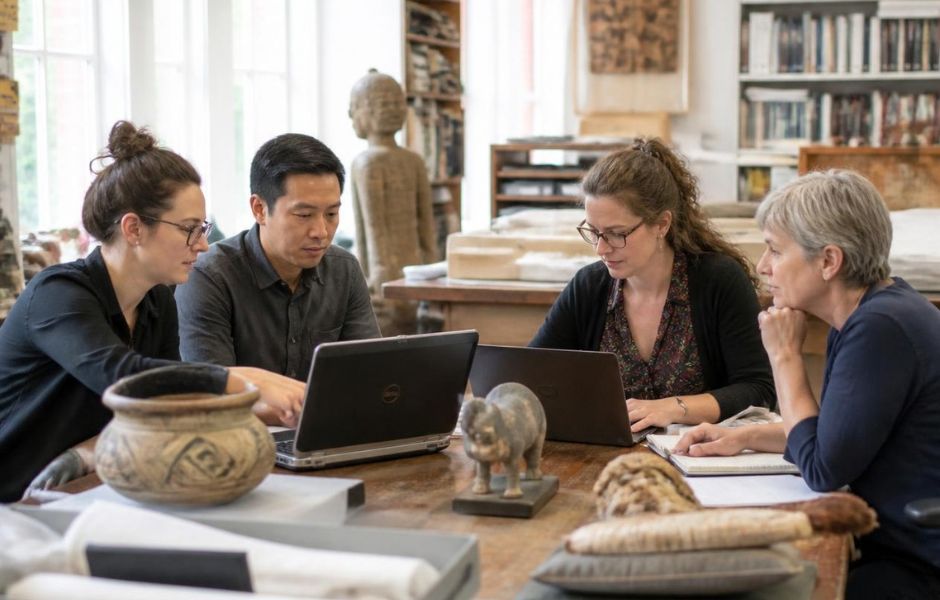 Institution staff reviewing a collection object and archival materials together around laptops during a collections documentation session