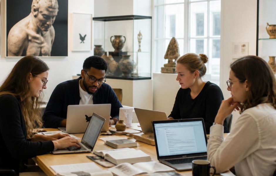 Collections staff collaborating among cultural artifacts, reflecting institutions' trust in Gallery Systems.