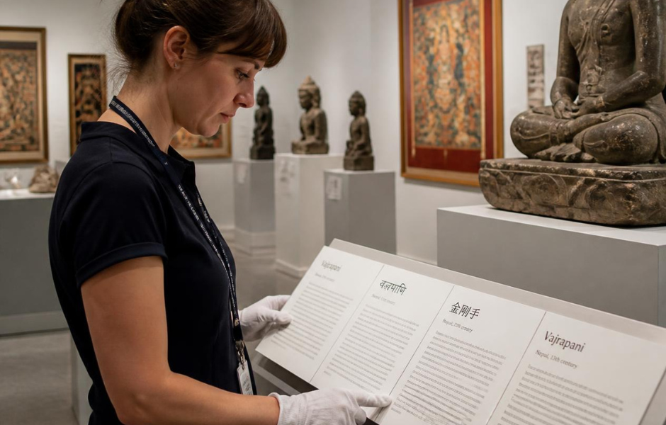 A staff member reviewing a multilingual object label, illustrating the translation challenges AI must navigate carefully.