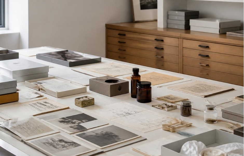 A desk covered with unorganized photographs, documents, and containers, reflecting collections information scattered across different places.