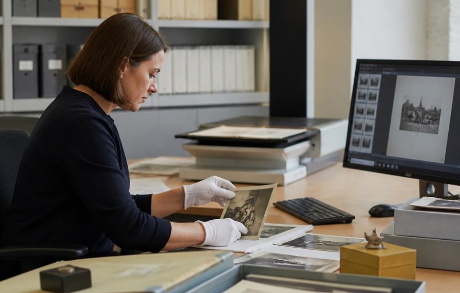 A staff member reviewing a historic photograph alongside its digitized record, reflecting the search process this section addresses.