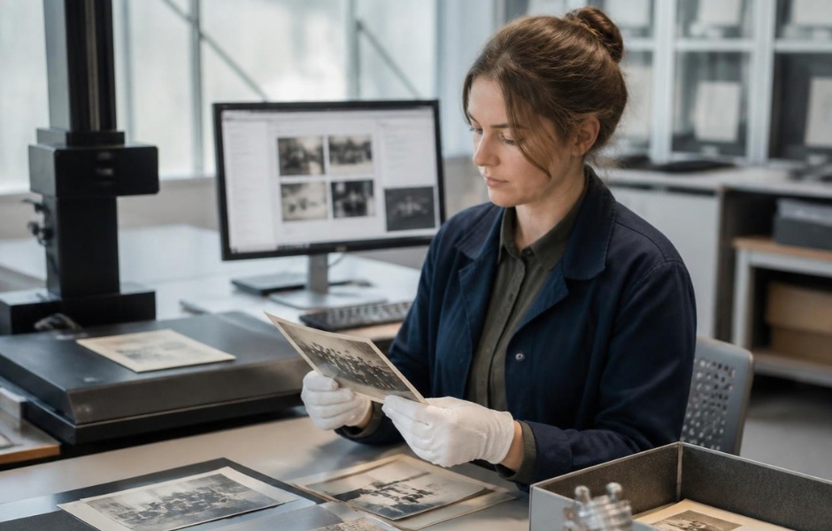 A staff member using scanning equipment to digitize a historic photograph, reflecting sustainable practices built for the long term.
