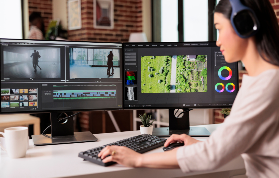 A woman wearing headphones sits at a desk working on a dual-monitor setup in a modern office environment. One monitor displays a video editing timeline with scenes of two dancers, while the other screen shows color grading and editing tools alongside an aerial image of green landscapes. A white coffee mug, small potted plant, and computer keyboard are also visible on the desk.