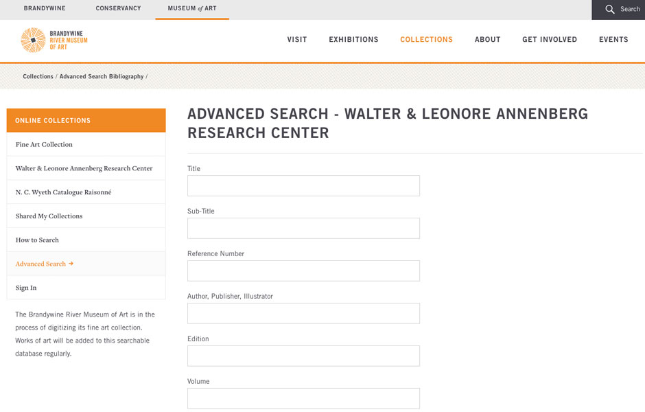 Brandywine_Advanced-Search The Brandywine River Museum of Art's online database is searchable thanks to an advanced search tool, which delivers precise results to the eMuseum online collections software in seconds.