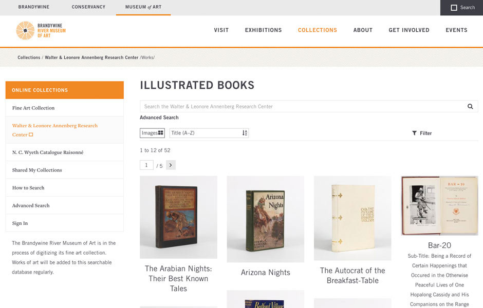 Brandywine_Illustrated-Books To expand the visitor experience, the Brandywine River Museum of Art's Research Center utilizes bibliography packages to best display illustrated books, handwritten letters, and other archival documents.